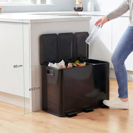 3 x 15L Steel Pedal Kitchen Bin with Soft Close Lid & Removable Buckets - Black