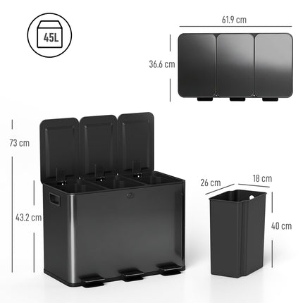 3 x 15L Steel Pedal Kitchen Bin with Soft Close Lid & Removable Buckets - Black