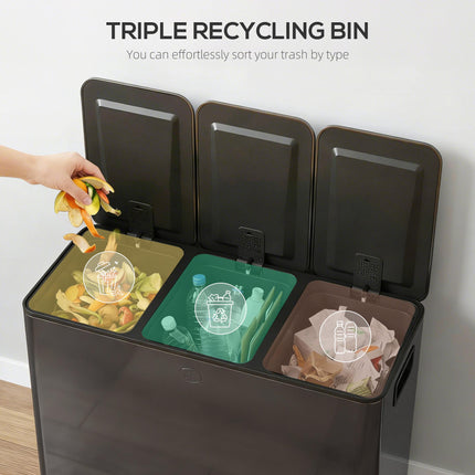 3 x 15L Steel Pedal Kitchen Bin with Soft Close Lid & Removable Buckets - Black