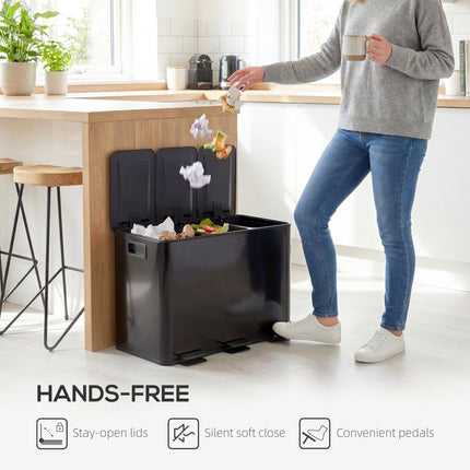 3 x 15L Steel Pedal Kitchen Bin with Soft Close Lid & Removable Buckets - Black