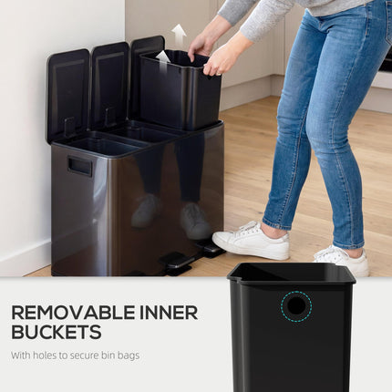 3 x 15L Steel Pedal Kitchen Bin with Soft Close Lid & Removable Buckets - Black