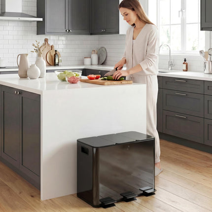 3 x 15L Steel Pedal Kitchen Bin with Soft Close Lid & Removable Buckets - Black