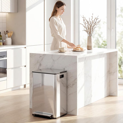 40L Dual Compartment Stainless Steel Bin, with Deodoriser Holders - Silver Tone