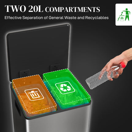 40L Dual Compartment Stainless Steel Bin, with Deodoriser Holders - Silver Tone