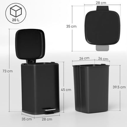 20L Modern Boxy Metal Kitchen Bin with Pedal - Black