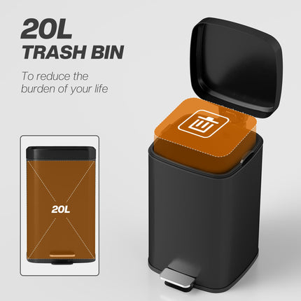 20L Modern Boxy Metal Kitchen Bin with Pedal - Black