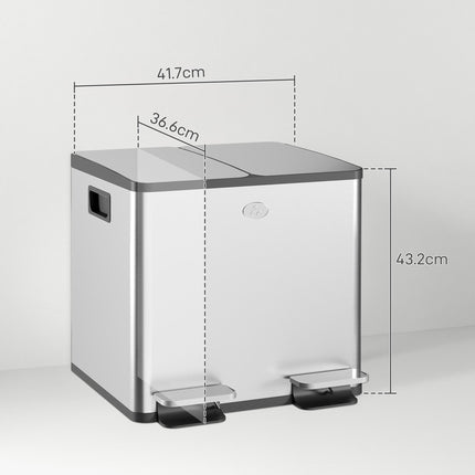 30L Dual Compartment Stainless Steel Bin, with Deodoriser Holders - Silver Tone