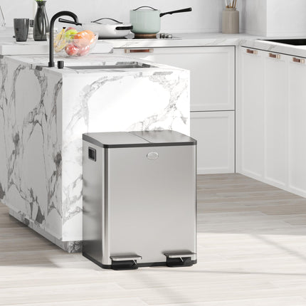 40L Dual Compartment Stainless Steel Kitchen Bin with Deodoriser Holders - Silver Tone