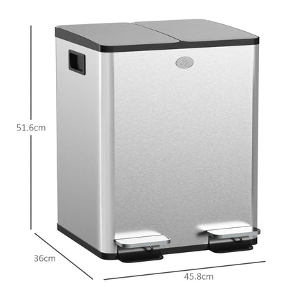 40L Dual Compartment Stainless Steel Kitchen Bin with Deodoriser Holders - Silver Tone