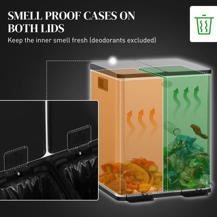 40L Dual Compartment Stainless Steel Kitchen Bin with Deodoriser Holders - Silver Tone