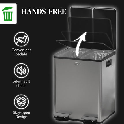 40L Dual Compartment Stainless Steel Kitchen Bin with Deodoriser Holders - Silver Tone