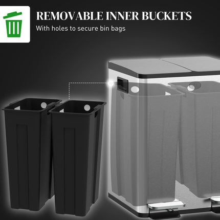 40L Dual Compartment Stainless Steel Kitchen Bin with Deodoriser Holders - Silver Tone