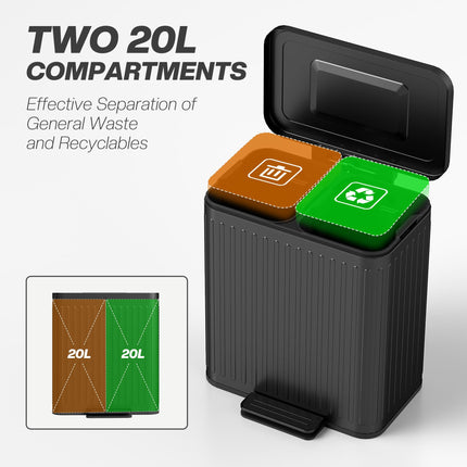 40L Dual Compartment Kitchen Rubbish Bin with Soft-Close Lid - Black