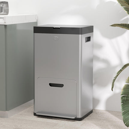56L Triple Compartment Stainless Steel Kitchen Bin with Deodoriser Holders and Wheels - Silver Tone
