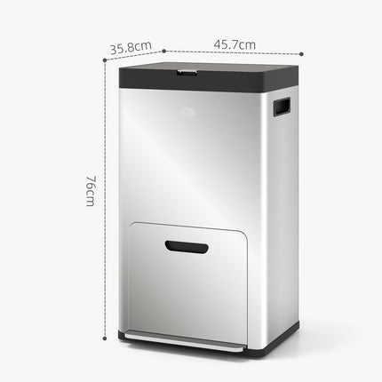 56L Triple Compartment Stainless Steel Kitchen Bin with Deodoriser Holders and Wheels - Silver Tone