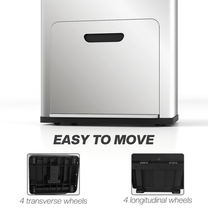 56L Triple Compartment Stainless Steel Kitchen Bin with Deodoriser Holders and Wheels - Silver Tone