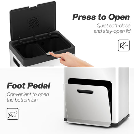 56L Triple Compartment Stainless Steel Kitchen Bin with Deodoriser Holders and Wheels - Silver Tone