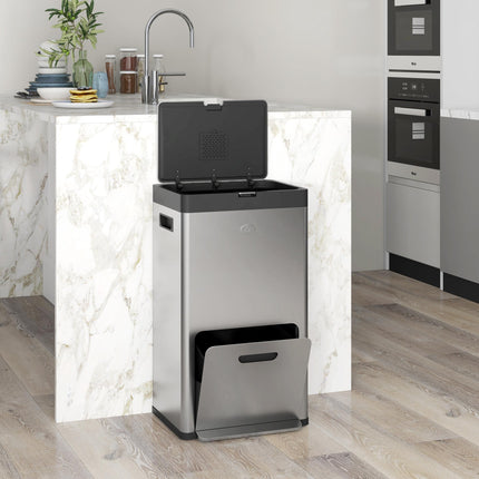 56L Triple Compartment Stainless Steel Kitchen Bin with Deodoriser Holders and Wheels - Silver Tone