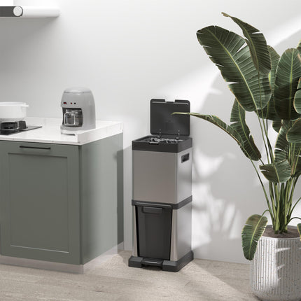 34L Double Compartment Kitchen Bin with Soft-Close Lid - Silver