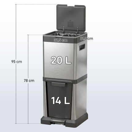 34L Double Compartment Kitchen Bin with Soft-Close Lid - Silver