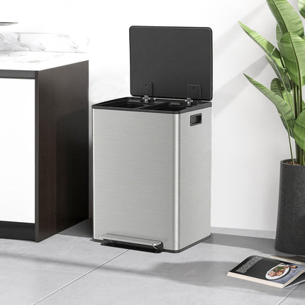 60L Dual Compartment Stainless Steel Bin, with Deodoriser Holders - Silver Tone