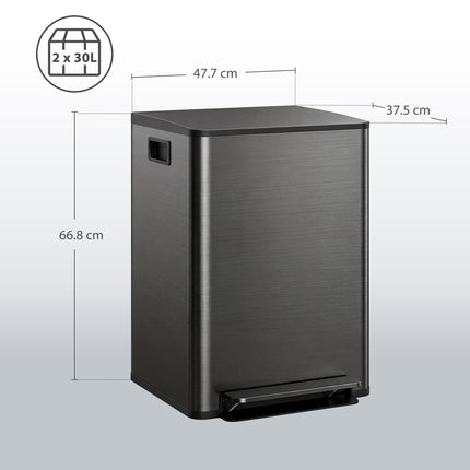 60L Dual Compartment Stainless Steel Kitchen Bin with Deodoriser Holders - Black