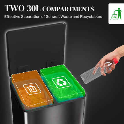 60L Dual Compartment Stainless Steel Kitchen Bin with Deodoriser Holders - Black
