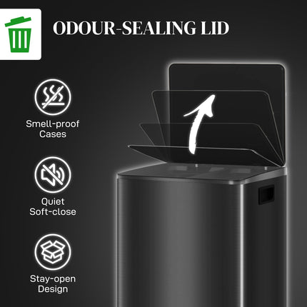 60L Dual Compartment Stainless Steel Kitchen Bin with Deodoriser Holders - Black