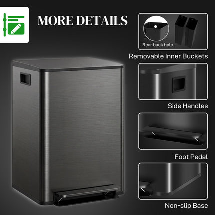 60L Dual Compartment Stainless Steel Kitchen Bin with Deodoriser Holders - Black