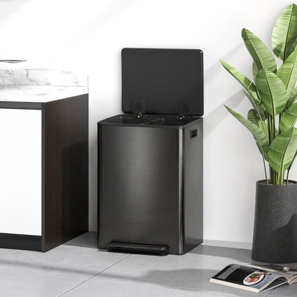 60L Dual Compartment Stainless Steel Kitchen Bin with Deodoriser Holders - Black