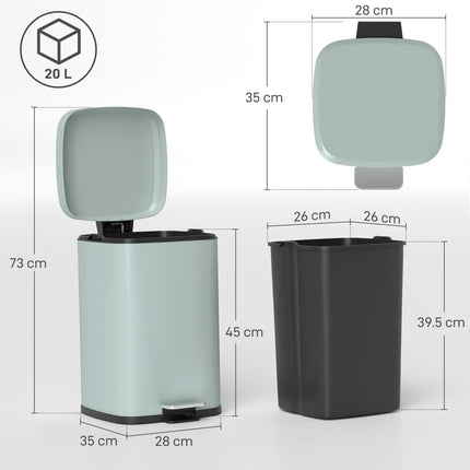 Modern 20L Boxy Metal Kitchen Bin with Pedal - Light Green