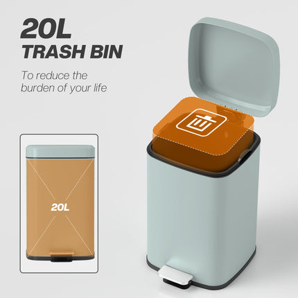 Modern 20L Boxy Metal Kitchen Bin with Pedal - Light Green
