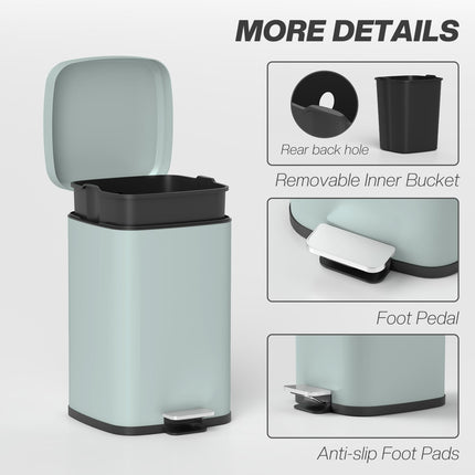 Modern 20L Boxy Metal Kitchen Bin with Pedal - Light Green