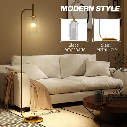 Modern Floor Lamp with Glass Lampshade and Foot Switch for Living Room & Bedroom - Gold Tone