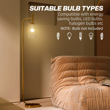 Modern Floor Lamp with Glass Lampshade and Foot Switch for Living Room & Bedroom - Gold Tone