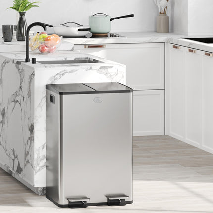 HOMCOM 56L Dual Compartment Stainless Steel Bin, with Deodoriser Holders - Silver Tone
