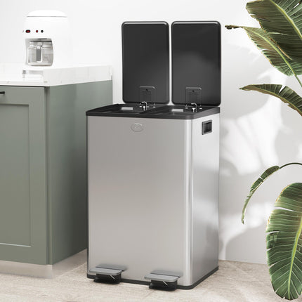HOMCOM 56L Dual Compartment Stainless Steel Bin, with Deodoriser Holders - Silver Tone