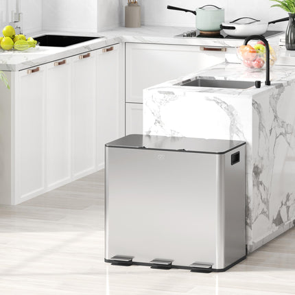 3 x 15L Steel Triple Pedal Kitchen Bin with Soft Close Lid and Removable Buckets - Silver Tone