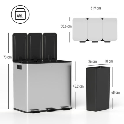 3 x 15L Steel Triple Pedal Kitchen Bin with Soft Close Lid and Removable Buckets - Silver Tone