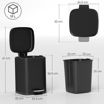 12L Modern Boxy Metal Kitchen Bin with Soft-Close Lid - Black