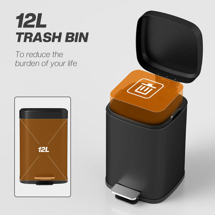12L Modern Boxy Metal Kitchen Bin with Soft-Close Lid - Black