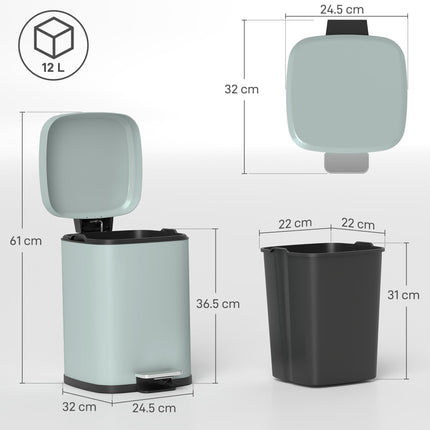 12L Modern Boxy Metal Kitchen Bin with Pedal and Soft-Close Lid - Light Green
