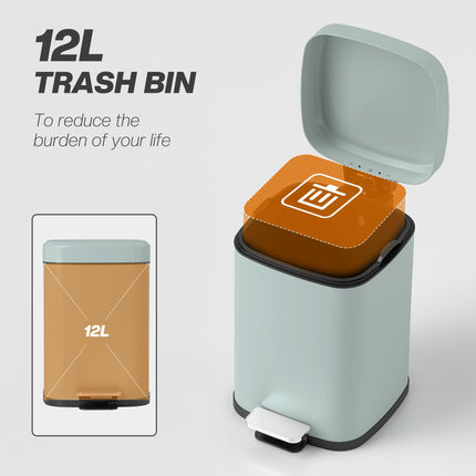 12L Modern Boxy Metal Kitchen Bin with Pedal and Soft-Close Lid - Light Green
