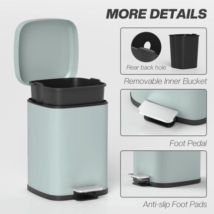 12L Modern Boxy Metal Kitchen Bin with Pedal and Soft-Close Lid - Light Green