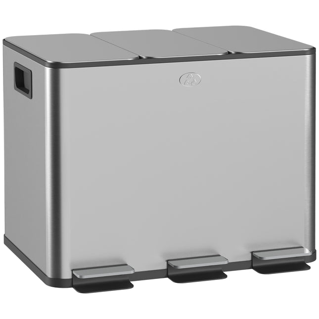 3 x 20L Pedal Bin, Steel Triple Kitchen Bin with Soft Close Lid, Removable Inner Buckets, Fingerprint-Proof, Silver Tone