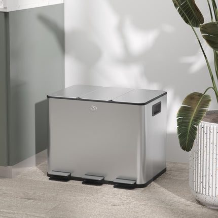 3 x 20L Pedal Bin, Steel Triple Kitchen Bin with Soft Close Lid, Removable Inner Buckets, Fingerprint-Proof, Silver Tone