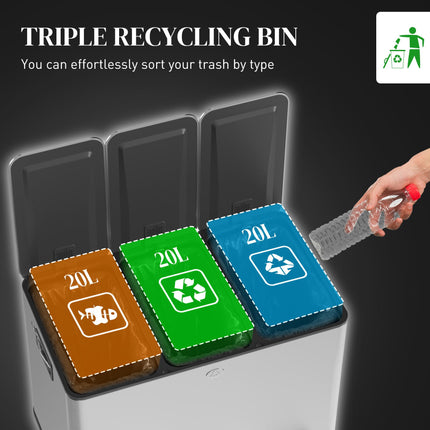 3 x 20L Pedal Bin, Steel Triple Kitchen Bin with Soft Close Lid, Removable Inner Buckets, Fingerprint-Proof, Silver Tone