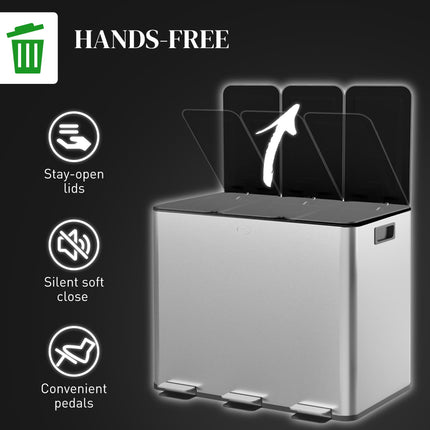 3 x 20L Pedal Bin, Steel Triple Kitchen Bin with Soft Close Lid, Removable Inner Buckets, Fingerprint-Proof, Silver Tone