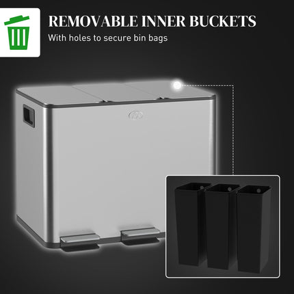 3 x 20L Pedal Bin, Steel Triple Kitchen Bin with Soft Close Lid, Removable Inner Buckets, Fingerprint-Proof, Silver Tone