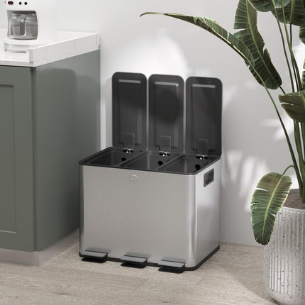 3 x 20L Pedal Bin, Steel Triple Kitchen Bin with Soft Close Lid, Removable Inner Buckets, Fingerprint-Proof, Silver Tone